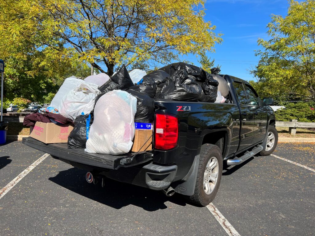 pickup truck filled with donations